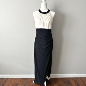 LRL Black & Cream Jersey Knit‎ Draped Halter Formal Midi Dress Women’s Size 14